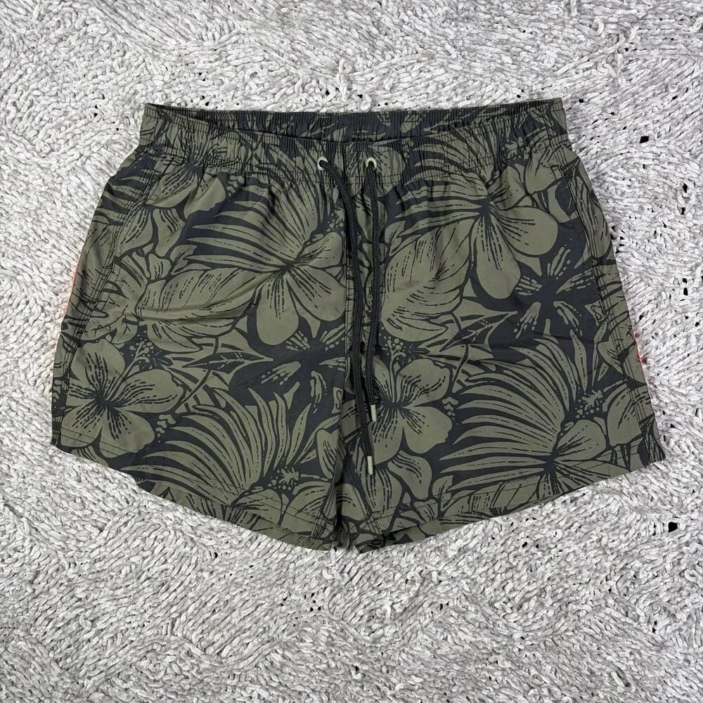 Sundek Swim Trunks Mens Medium Floral Green Lined Summer Beach Drawstring Surf